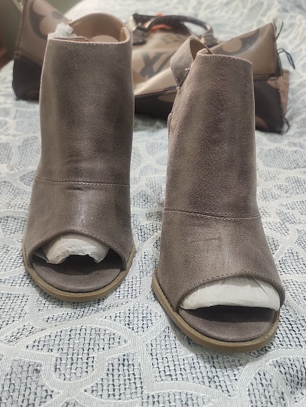 Report Taupe Open-Toe Suede Mule Booties